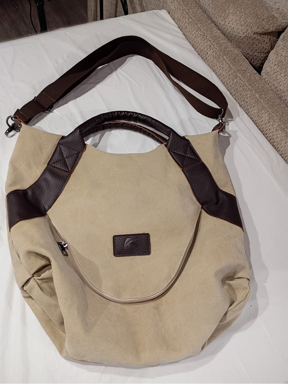 Large Beige Canvas & Brown Faux Leather Hobo Crossbody Bag Boho Tote - Picture 5 of 11